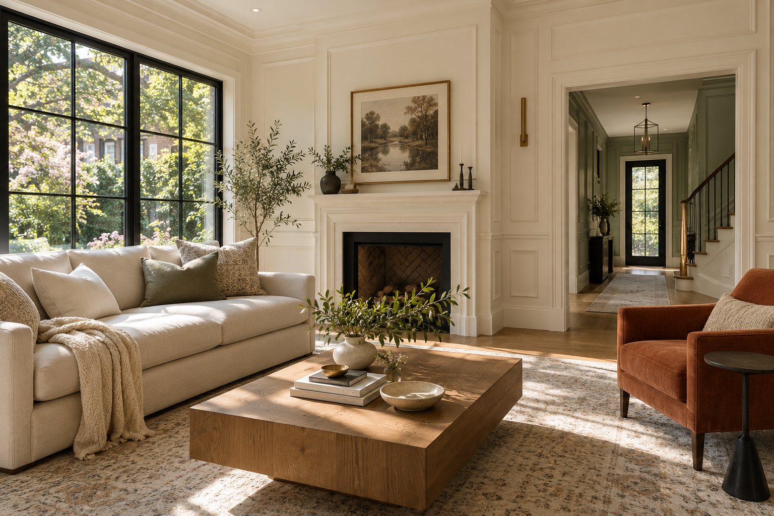 Interior inspiration: bright classic living room with ivory walls, oak floors and modern furnishings